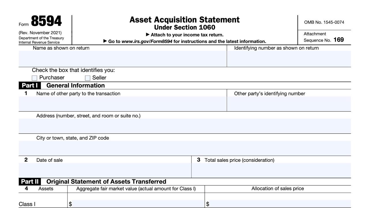 IRS Form 8594 walkthrough Asset Acquisition Statement under IRC Section 1060