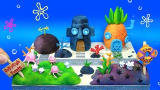 DIY Miniature CardBoard village # 2 - Spongebob Bikini city with clay｜ house , Jellyfish field