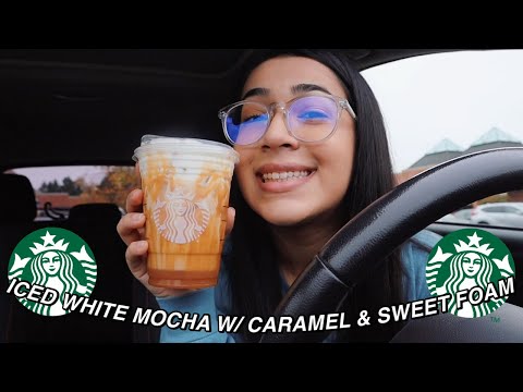 TRYING STARBUCKS ICED WHITE MOCHA W/ CARAMEL DRIZZLE & SWEET COLD FOAM | TIK TOK DRINK TASTE TEST