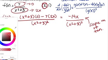 Find the equation of the tangent line at the given point (using quotient rule)