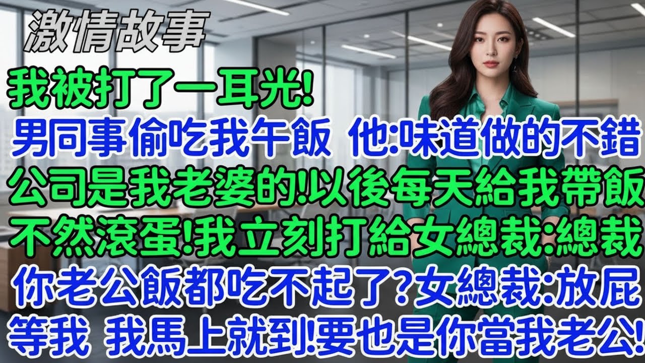 🔥 男同事偷吃我午飯，他：味道做的不錯，這公司是我老婆的，以後每天給我帶飯，不然就滾蛋！我立刻打電話給女總裁：總裁，你老公飯都吃不起了？女總裁：放屁，我哪來的老公？我馬上就到！要也是你當我老公！🔥