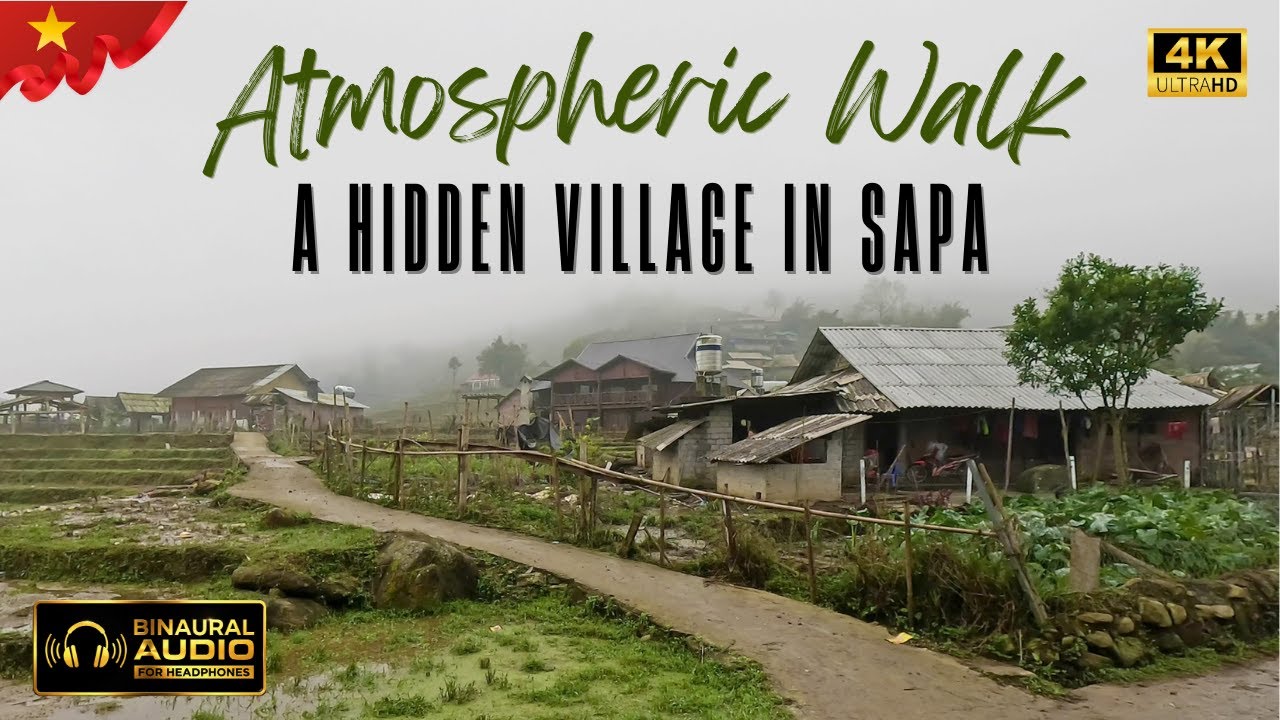 Sapa, Vietnam - Binaural Audio Walking Tour in Rice Fields Village Moody Weather Foggy Nature Walk