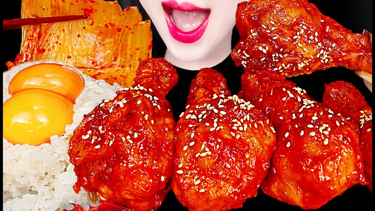 ASMR Fried Chicken Rice, Biryani, Kimchi 처갓집 양념 치킨 치밥 먹방 Mukbang, Eating