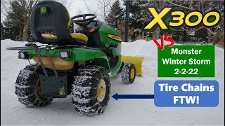 John Deere X300 gets tire chains then plows 10" of snow