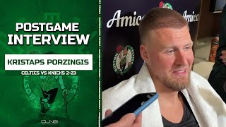 Kristaps Porzingis PRAISES Derrick White's Clutchness: "He has this in his blood.” | Postgame 2-23