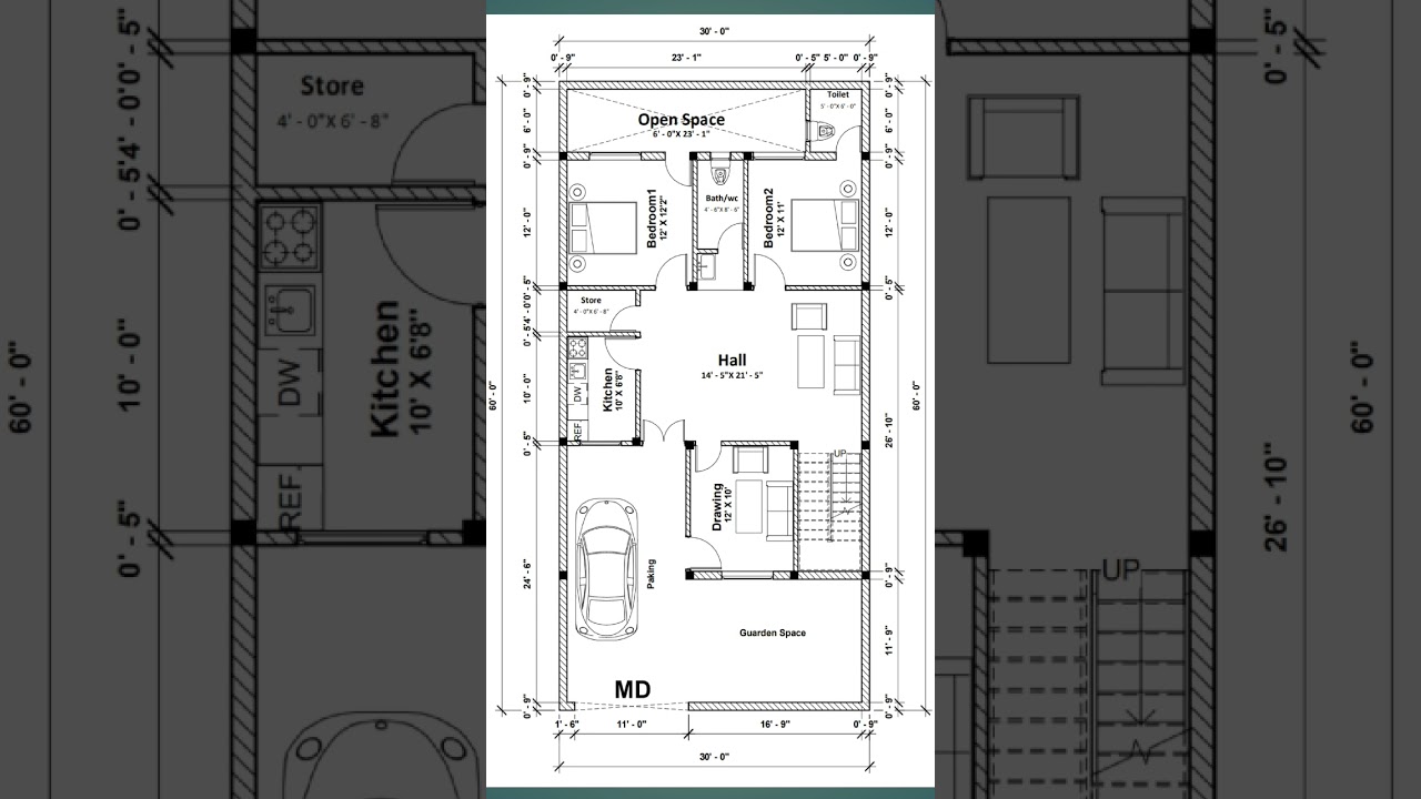 30X60 Square Feet 2bhk house plan. 