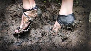 Casadei high heels in mud, high heels wet, heels abuse, muddy sandals, high heels got stuck (# 1080)