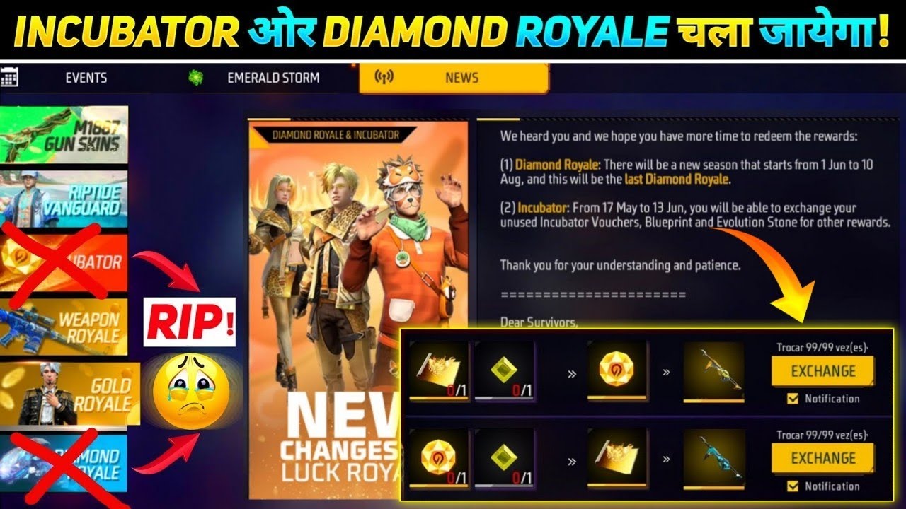 DIAMOND ROYALE & INCUBATOR REMOVE |EXCHANGE INCUBATOR STONE VOUCHER EVENT |NEXT INCUBATOR FREE FIRE