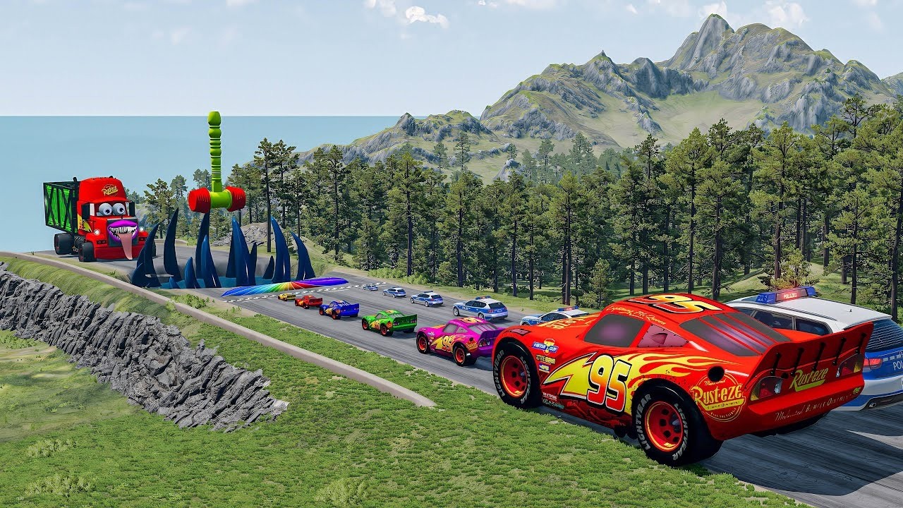 Big & Small McQueen & Police Car vs Zombie Mack, Giant Bulge & Hammer Downhill Race – BeamNG.drive