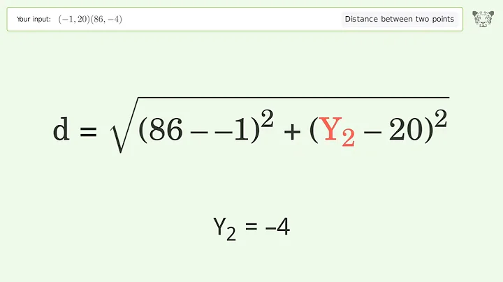 Find the distance between two points p1 (-1,20) and p2 (86,-4): Step-by-Step Video Solution