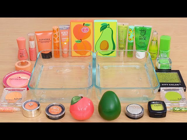 Peach vs Avocado - Mixing Makeup Eyeshadow Into Slime ASMR class=