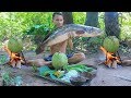 Primitive technology cooking fish in coconut amok khmer for lunch  primitive cooking asmr