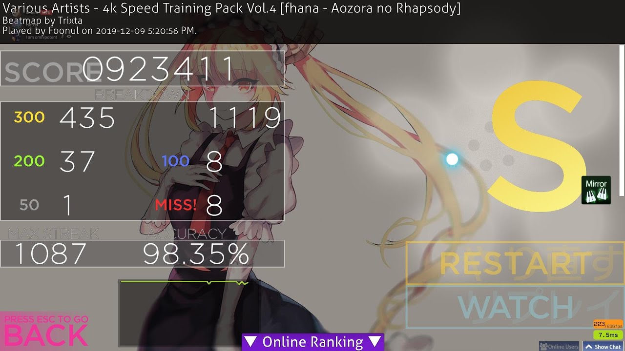 Osu Mania Aozora No Rhapsody 4k Speed Training Pack Vol 4 S 98 35 5 32 Mr Youtube