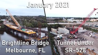 Brightline Construction and FEC Trains - Melbourne Bridge and Cocoa Tunnel - January 2021