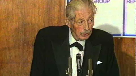 Harold Macmillan giving a speech on Margaret Thatcher's Privatisation policies