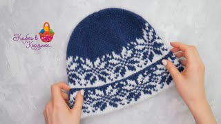 картинка: Жаккардовая шапочка с отворотом. KNITTED HAT FIRE ISLE. Вязание спицами
