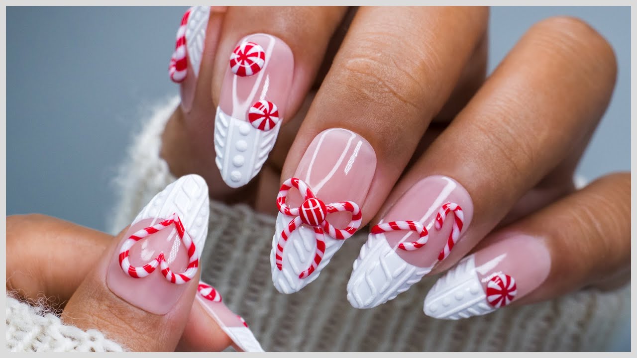 Holiday Nail Art Tutorial🎄| 🍭Candy Cane & White Sweater Nails