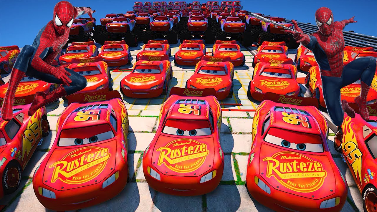 GTA 5 SPIDERMAN Cars Challenge Lightning & Monster McQueen Jackson Storm Miss Fritter & Friends Cars