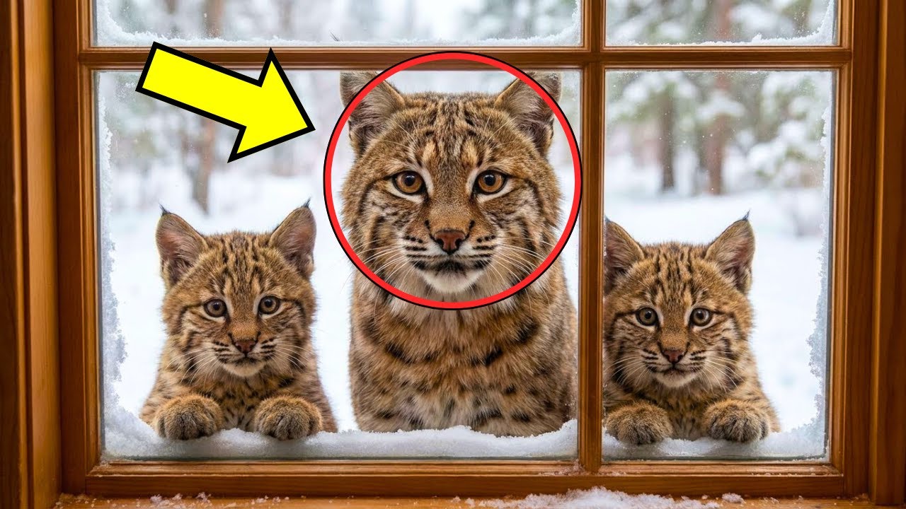 Freezing Bobcat With Two Cubs Begs to Be Let Into The House. What Happens Next Will Make You Cry!!