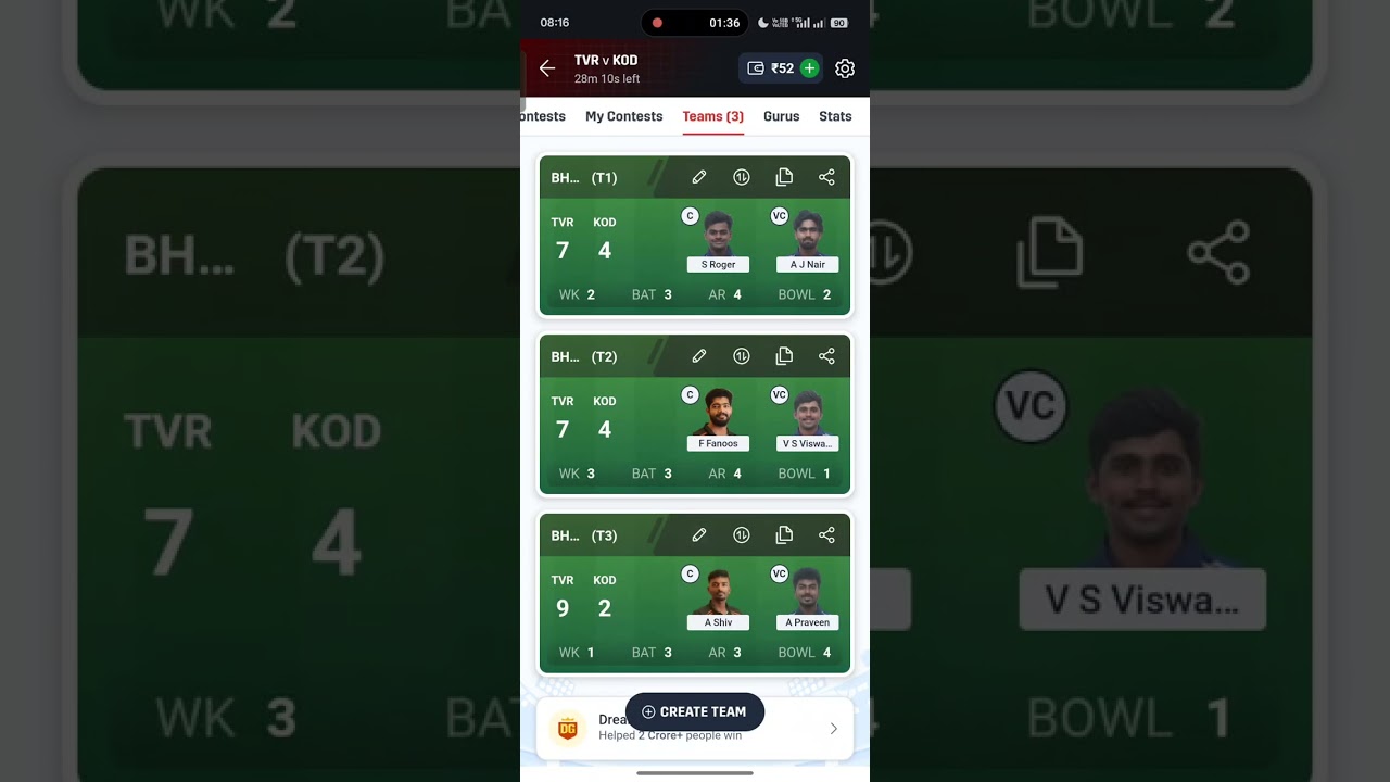 TVR VS KOD Kerala T20 Mens Challengers Trophy Dream11 Prediction Grand League Winning Team Top Picks