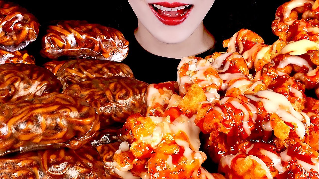 ASMR BLACK BEAN NOODLES WRAPS, KOREAN SWEET CHICKEN, 직접 만든 짜파게티쌈, 처갓집