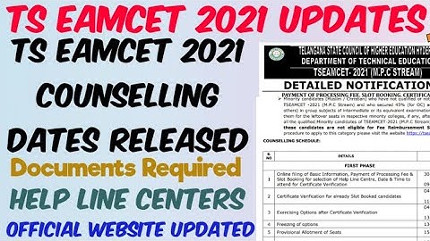 TS EAMCET 2021 Counselling Schedule Released//Documents Required//Certificate verification Centres
