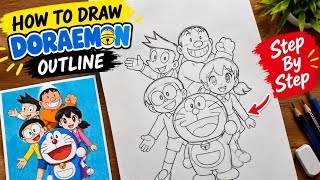 How to draw doraemon, doraemon outline, easy step by step tutorial🔥🥰