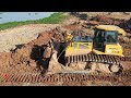 Big Bulldozer Soils Dump Truck Push Removing VS Unloading Heavy Working Operator In Action