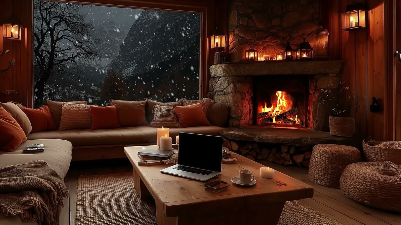 Cozy Snowfall Cabin Night | Fireplace Warmth and Gentle Winter Sounds for Rest and Sleep