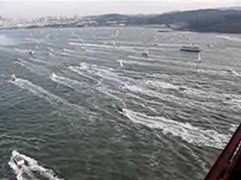 Regatta of boats as Queen Mary 2 Arrives in San Francisco