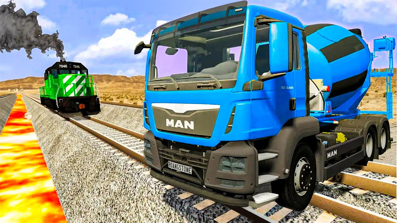 Concrete Mixer Stuck On Railway Tracks | Car Rescue On Railway Tracks | BeamNG.Drive Video