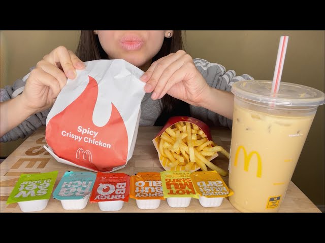 ASMR Eating Mc Donald’s NEW Spicy Crispy Chicken Sandwich + Caramel Iced Coffee (Eating Sounds)