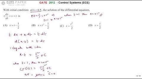 GATE 2012 ECE Find the solution of the differential equation with initial condition x(1) = 0.5