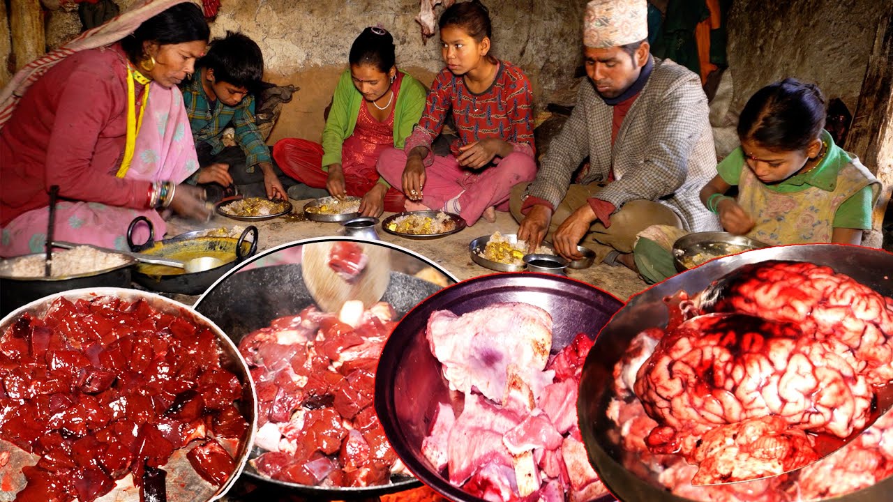 buff brain , tongue & heart curry recipe in dharme's house for guest girl 