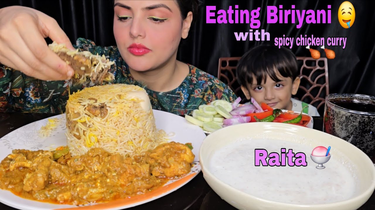 Eating Kolkata Style Chicken Biriyani with Spicy Chicken Curry,  Raita | Mukbang Eating Show 