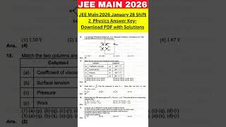 JEE Main 2026 January 28 Shift 2 Physics Answer Key- Download PDF with Solutions #jeemainanswerkey