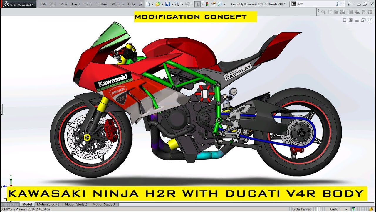MODIFICATION KAWASAKI NINJA H2R WEARS BODY DUCATI V4R USING SOLIDWORKS