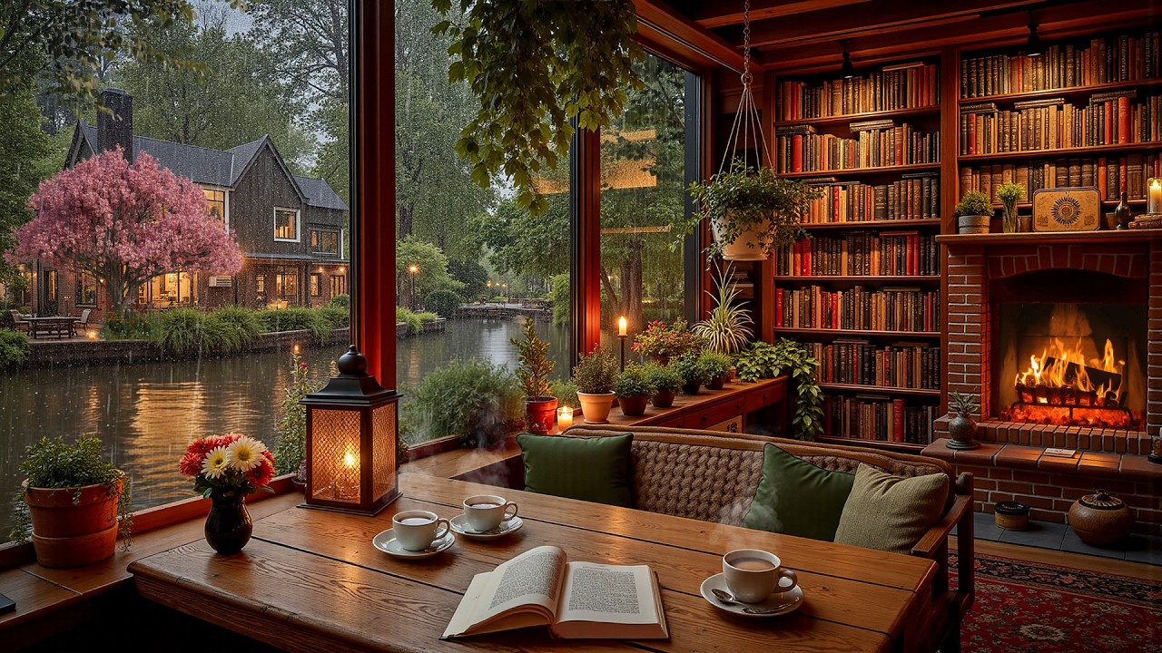 Spring Rain Outside, Jazz Inside 🌧️ Cozy Coffeehouse with Fireplace for Deep Focus