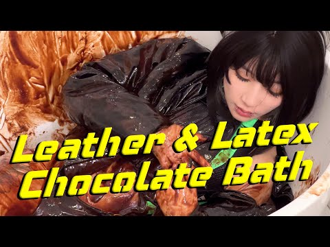 A Chocolate Messy Bath with Shiny Latex Puffer Down Jacket, Leather Bodysuit & High Boots | WAM