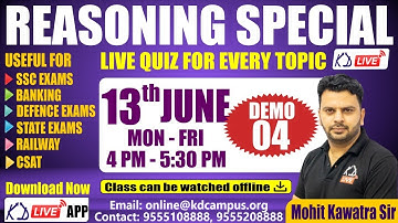 REASONING SPECIAL | FOR SSC EXAMS/BANKING/DEFENCE/RAILWAY/CSAT | NEW BATCH | DEMO 04 | BY MOHIT SIR