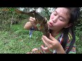 Primitive technology - Primitive wild girl catching fish and cooking fish - Survival skills