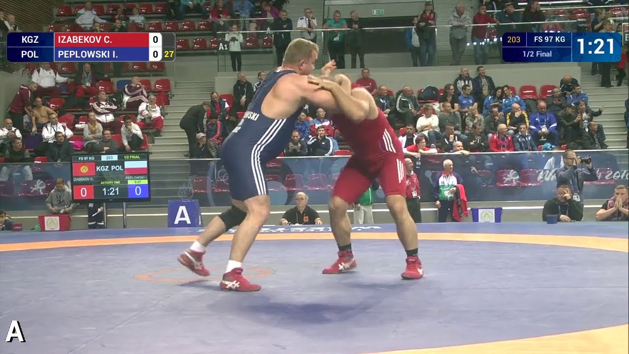 1/2 FS - 97 kg: C. IZABEKOV (KGZ) df. I. PEPLOWSKI (POL), 7-0