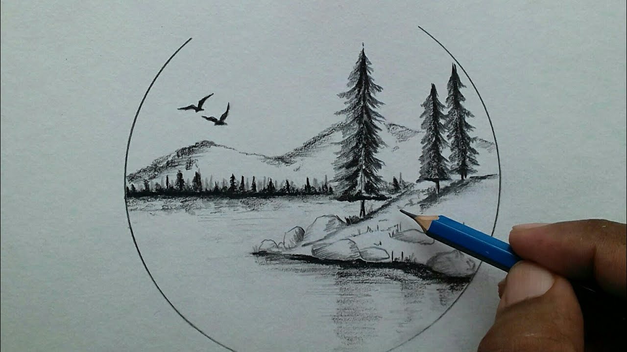 How to draw scenery of moonlight with pencil step by step, Pencil Drawin...  | Nature art drawings, Easy nature drawings, Easy charcoal drawings