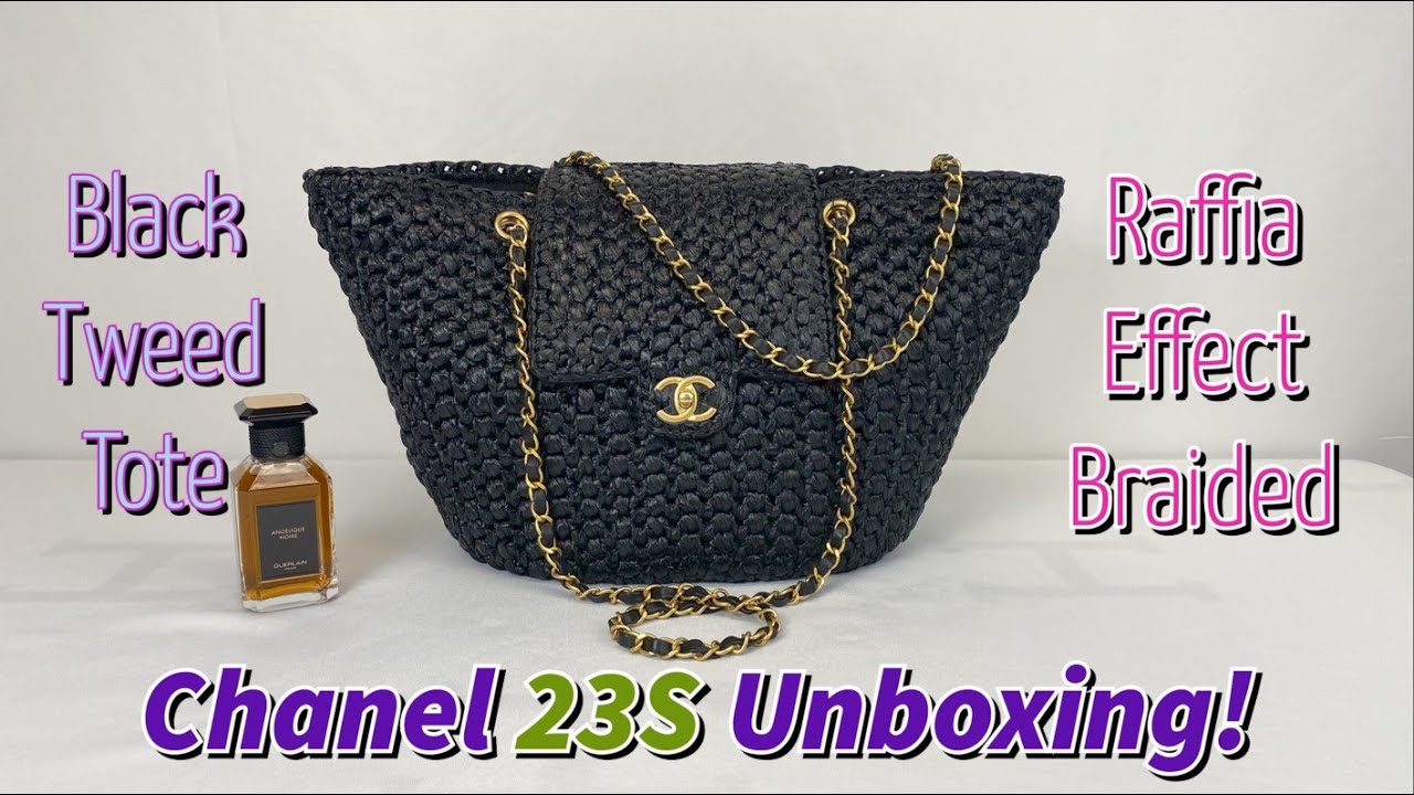 Chanel 23S Raffia Effect Braided Black Tweed Tote with Antique Gold Hardware.  