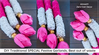 Almost ZERO cost floral Garlands, Unique and Festive. Best out of waste, DIWALI Decor Ideas at home