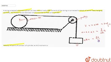 A string wrapped around a cyliner of mass m and radius R. The end of the string is connected to ...