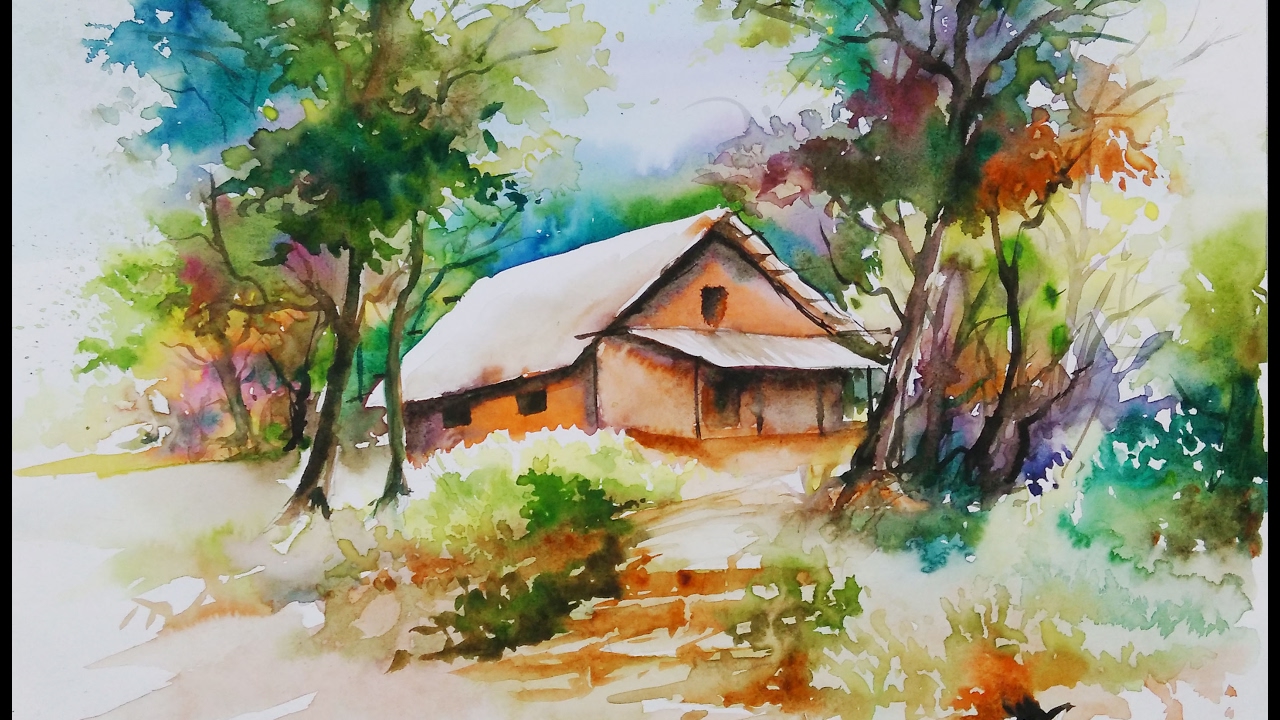 12) Watercolor Painting For Beginners Village Forest House Scenery ...