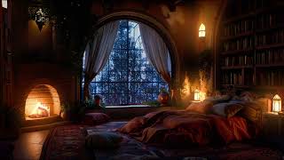 Heavy Thunderstorm in a Cozy Castle Room with Rain and Fireplace Sounds