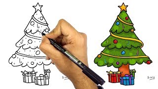 تعليم الرسم | تعلم رسم شجرة الكريسماس خطوة بخطوة للمبتدئين