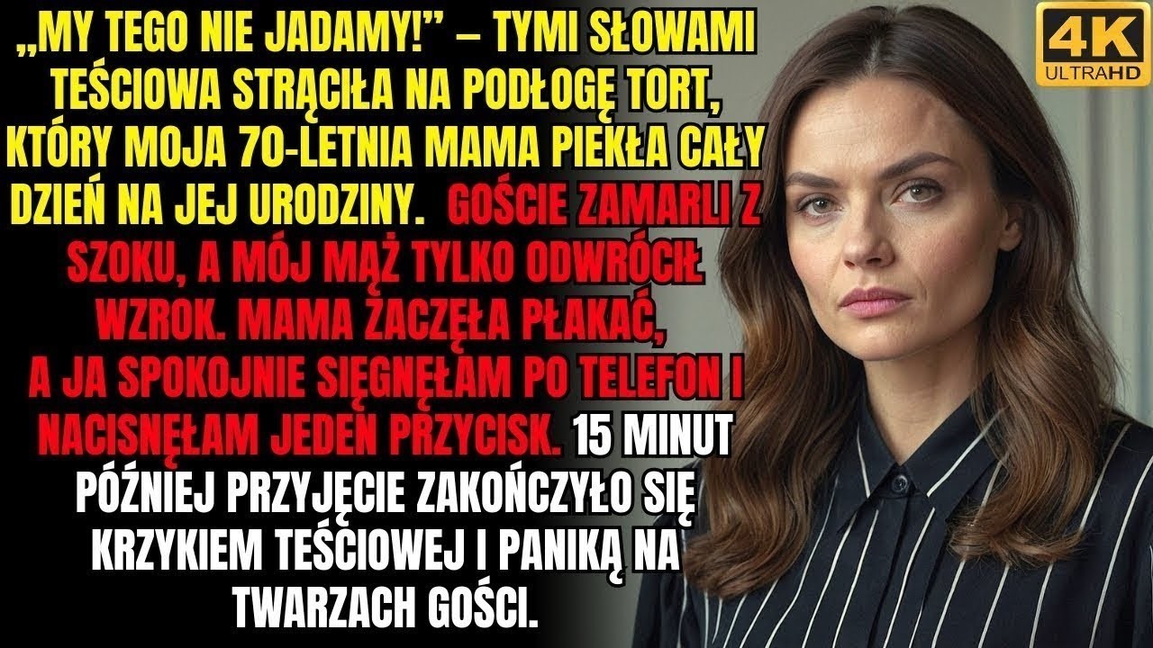 Tort leżał rozbity na podłodze, a moja 70-letnia mama płakała cicho, podczas gdy goście patrzyli w ziemię. Teściowa odwróciła się i powiedziała z zimną krwią: „My tego nie jadamy”. Mój mąż stał...